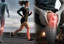 Illustrative montage of a runner, knee discomfort and pain returning after activity.