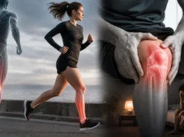 Illustrative montage of a runner, knee discomfort and pain returning after activity.