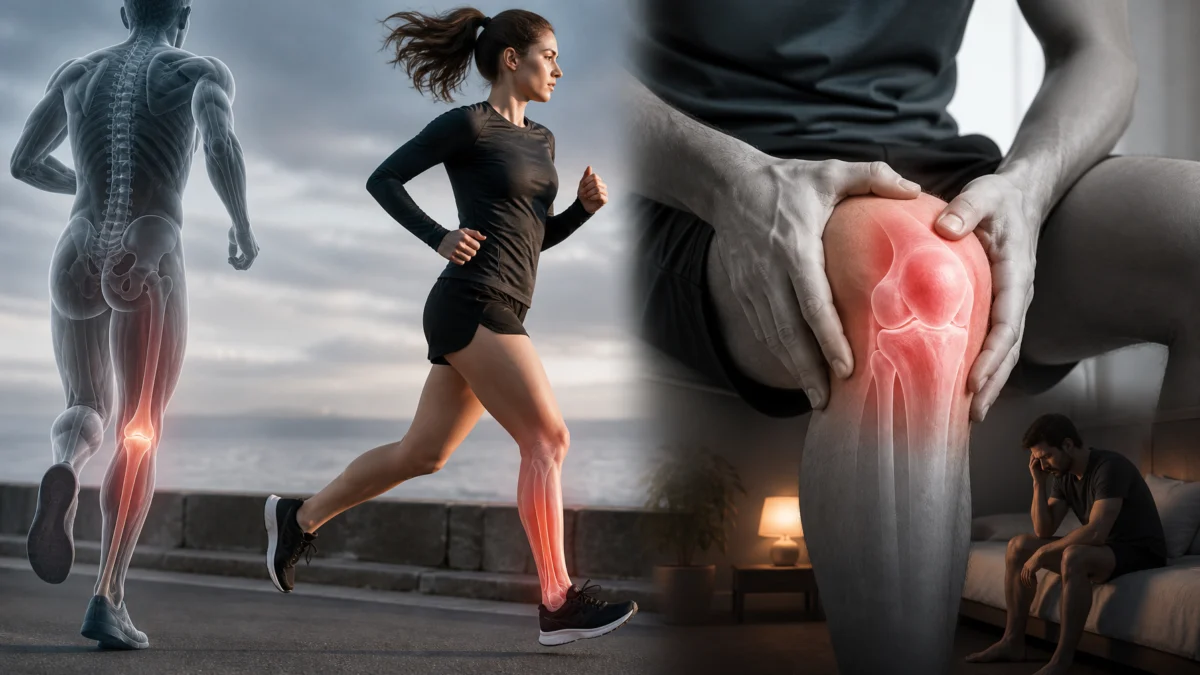 Pourquoi certaines douleurs diminuent pendant l’exercice puis reviennent après Illustrative montage of a runner, knee discomfort and pain returning after activity.