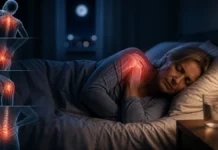 Why Some People Feel More Pain at Night Illustrative montage of a woman experiencing shoulder discomfort in bed, with symbolic pain highlights.