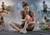 Woman holding her knee, surrounded by examples of returning to running, tennis and gardening.