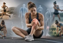 Woman holding her knee, surrounded by examples of returning to running, tennis and gardening.