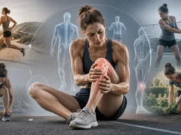 Woman holding her knee, surrounded by examples of returning to running, tennis and gardening.