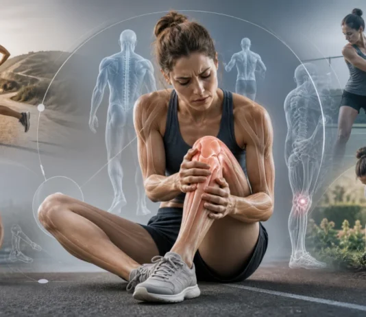 Woman holding her knee, surrounded by examples of returning to running, tennis and gardening.