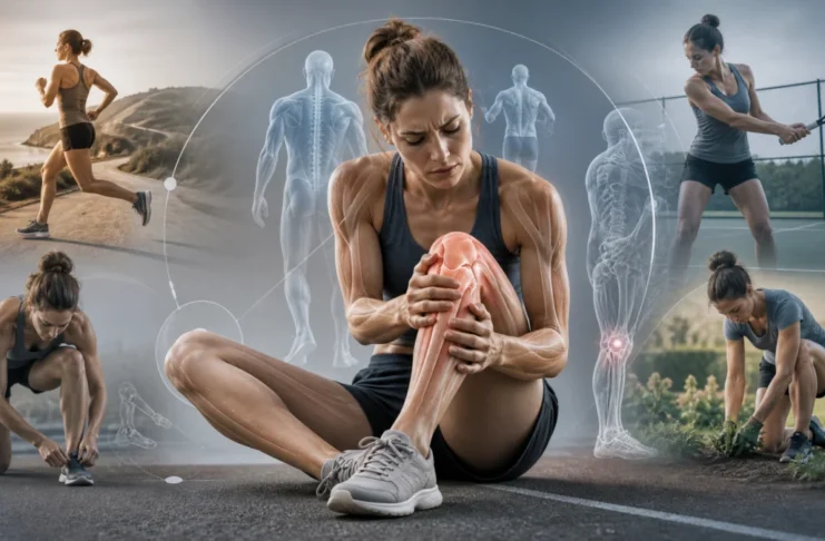 Woman holding her knee, surrounded by examples of returning to running, tennis and gardening.