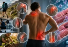 Why Pain Sometimes Appears 24 to 48 Hours After Exercise Illustrative montage of hiking, gym exercise, gardening and delayed muscle discomfort, with symbolic tissue highlights.