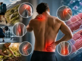 Illustrative montage of hiking, gym exercise, gardening and delayed muscle discomfort, with symbolic tissue highlights.