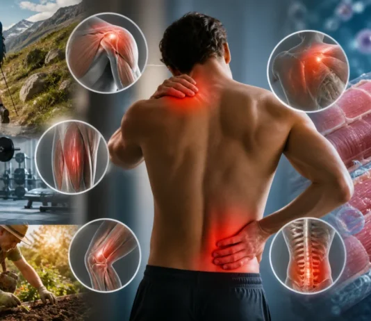 Illustrative montage of hiking, gym exercise, gardening and delayed muscle discomfort, with symbolic tissue highlights.
