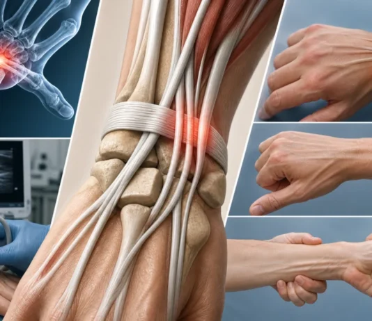 Conceptual illustration of wrist extensor tendons, dorsal wrist discomfort and ultrasound assessment.