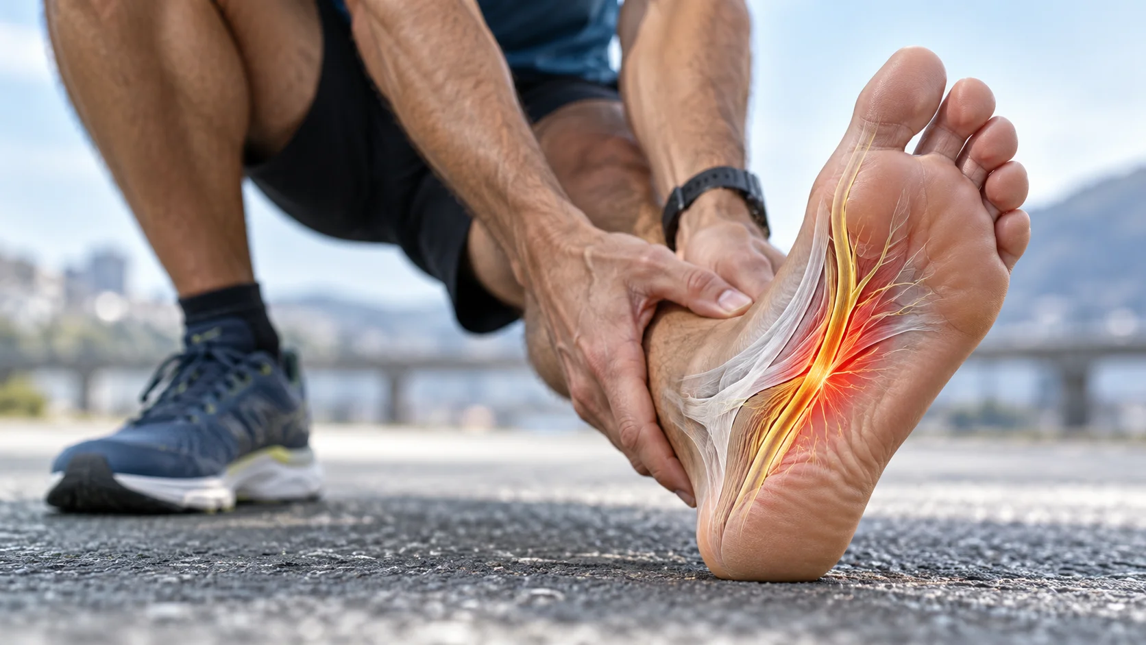 Runner holding the inner arch of his foot with a simplified nerve overlay