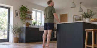 Homme effectuant une élévation des talons sur sol plat avec appui léger sur un comptoir.