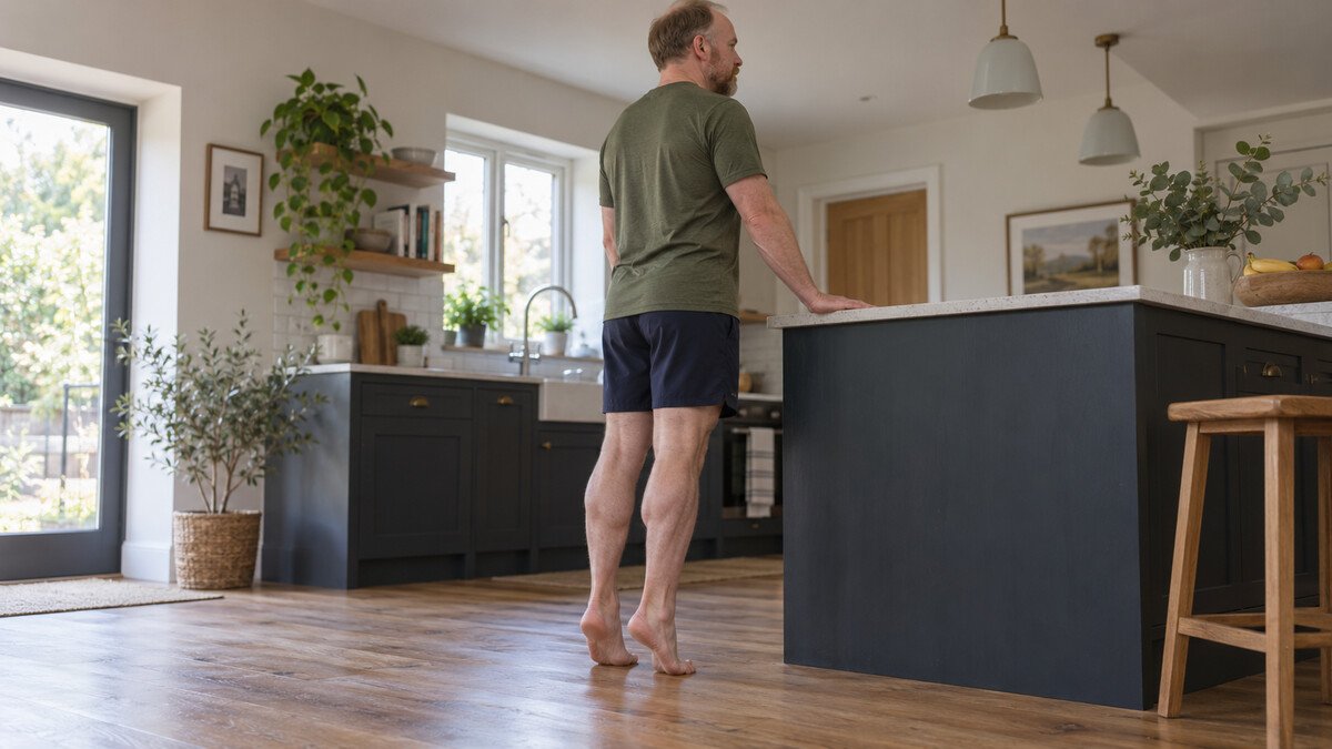 Tendinopathie d’Achille : pourquoi le massage seul ne suffit pas Homme effectuant une élévation des talons sur sol plat avec appui léger sur un comptoir.