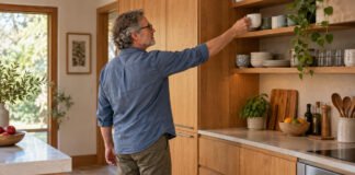 Un homme range une tasse sur une étagère, illustrant une amplitude adaptée à une tâche quotidienne.
