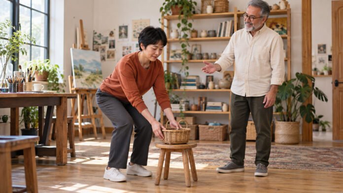 Quand le corps anticipe la douleur avant le mouvement : peur, apprentissage ou protection ? Femme reprenant progressivement un mouvement pour saisir un panier avec un accompagnement rassurant.