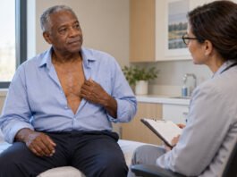 Consultation de suivi après chirurgie cardiaque, avec une cicatrice sternale guérie.