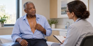 Consultation de suivi après chirurgie cardiaque, avec une cicatrice sternale guérie.