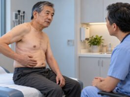 Consultation de suivi pour une douleur thoracique après thoracotomie, avec cicatrice guérie.
