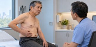 Consultation de suivi pour une douleur thoracique après thoracotomie, avec cicatrice guérie.