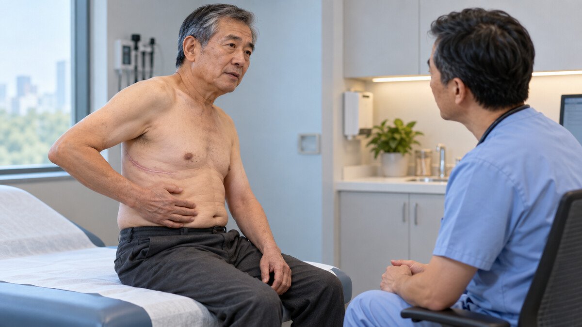 Après une thoracotomie : pourquoi la douleur d’épaule, de côtes ou de cicatrice peut-elle persister ? Consultation de suivi pour une douleur thoracique après thoracotomie, avec cicatrice guérie.