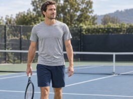 Joueur de tennis tenant sa raquette dans sa main dominante, illustrant les adaptations naturelles liées au sport.