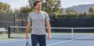Joueur de tennis tenant sa raquette dans sa main dominante, illustrant les adaptations naturelles liées au sport.