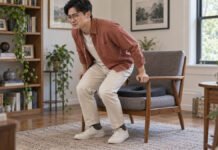 Homme se relevant prudemment d’un fauteuil équipé d’un coussin d’assise.
