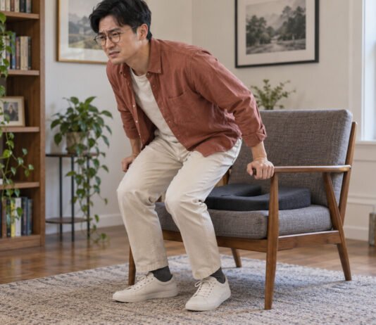 Homme se relevant prudemment d’un fauteuil équipé d’un coussin d’assise.