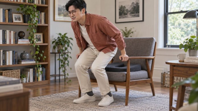 coccyx-assis-debout Homme se relevant prudemment d’un fauteuil équipé d’un coussin d’assise.