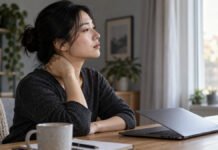 Après une commotion cérébrale : quand les symptômes viennent-ils aussi du cou ? Une femme fait une pause devant son ordinateur et pose doucement la main sur sa nuque.