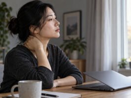 Une femme fait une pause devant son ordinateur et pose doucement la main sur sa nuque.