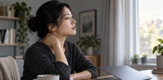 Une femme fait une pause devant son ordinateur et pose doucement la main sur sa nuque.