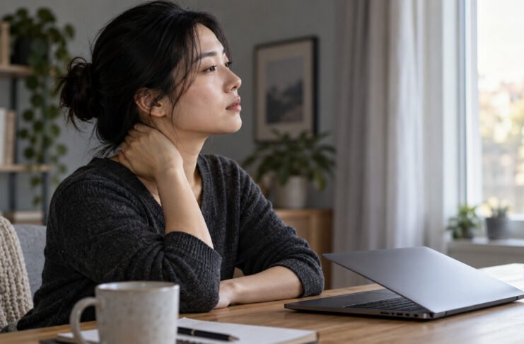 Une femme fait une pause devant son ordinateur et pose doucement la main sur sa nuque.