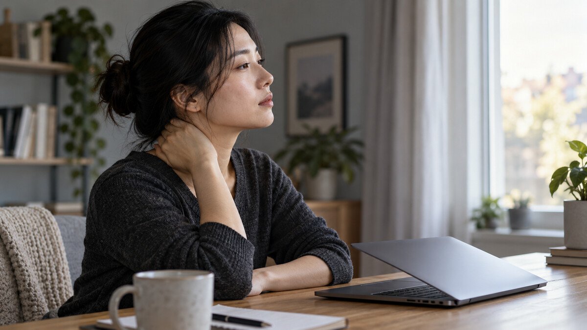 Après une commotion cérébrale : quand les symptômes viennent-ils aussi du cou ? Une femme fait une pause devant son ordinateur et pose doucement la main sur sa nuque.