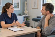 Discussion entre praticienne et patient avant un traitement cervical.