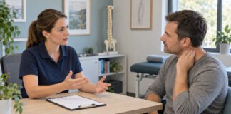 Discussion entre praticienne et patient avant un traitement cervical.