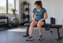 Courbatures après l’entraînement : l’ostéopathie accélère-t-elle réellement la récupération ? Sportive assise sur un banc, les mains sur les cuisses sensibles après l’entraînement.