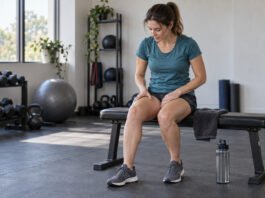 Courbatures après l’entraînement : l’ostéopathie accélère-t-elle réellement la récupération ? Sportive assise sur un banc, les mains sur les cuisses sensibles après l’entraînement.