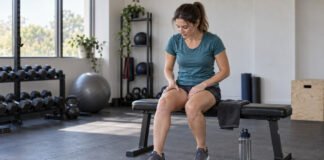 Sportive assise sur un banc, les mains sur les cuisses sensibles après l’entraînement.