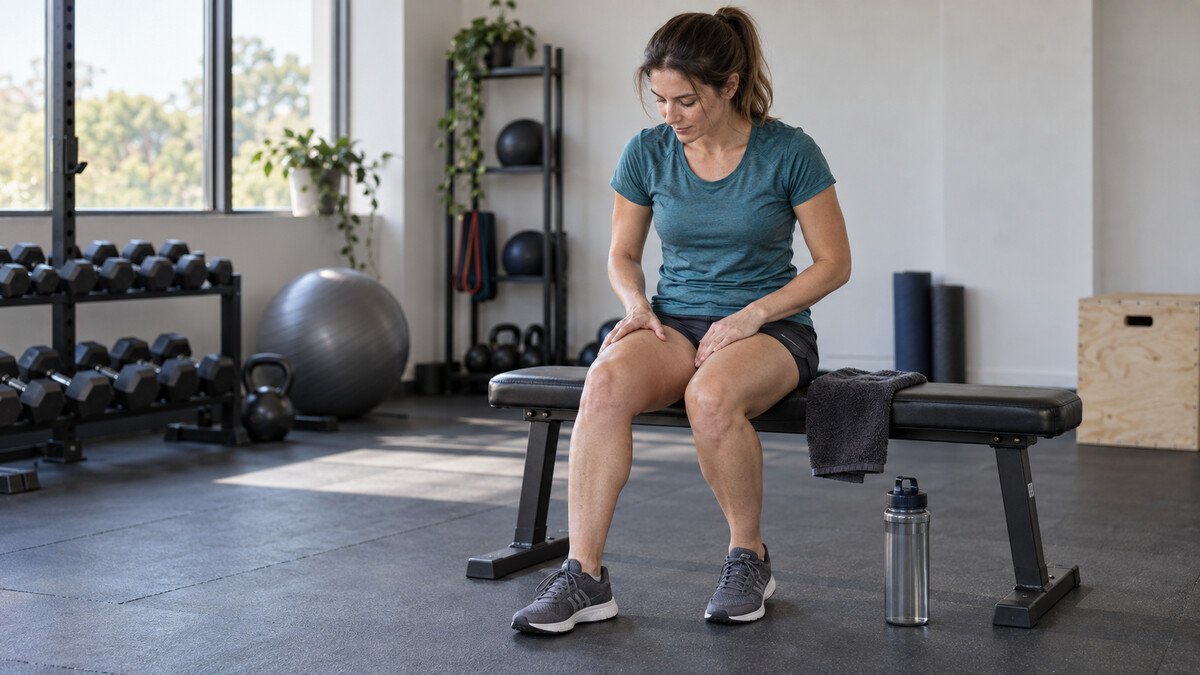 Courbatures après l’entraînement : récupération musculaire Sportive assise sur un banc, les mains sur les cuisses sensibles après l’entraînement.