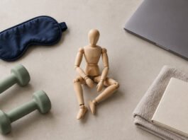 Composition symbolique associant corps, sommeil, activité physique et travail pour illustrer les multiples facteurs de douleur.