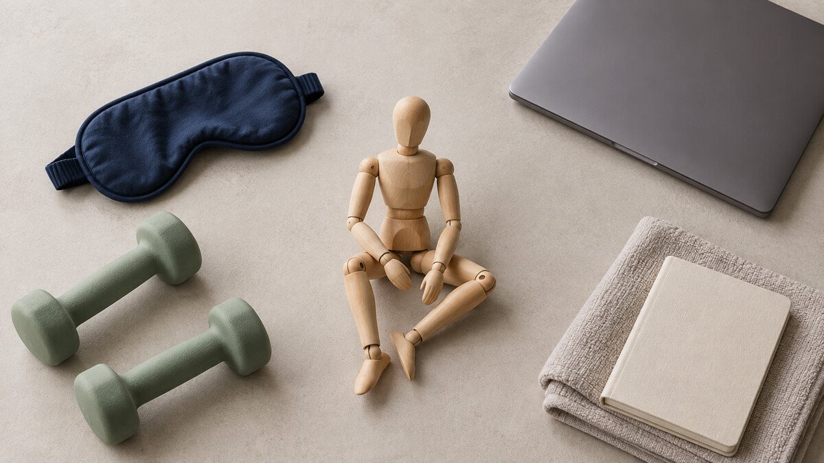 Faut-il chercher une cause unique à chaque douleur ? Composition symbolique associant corps, sommeil, activité physique et travail pour illustrer les multiples facteurs de douleur.