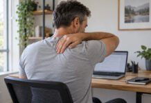 Homme faisant une pause au bureau, une main sur le haut du dos.