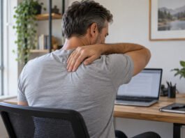 Homme faisant une pause au bureau, une main sur le haut du dos.