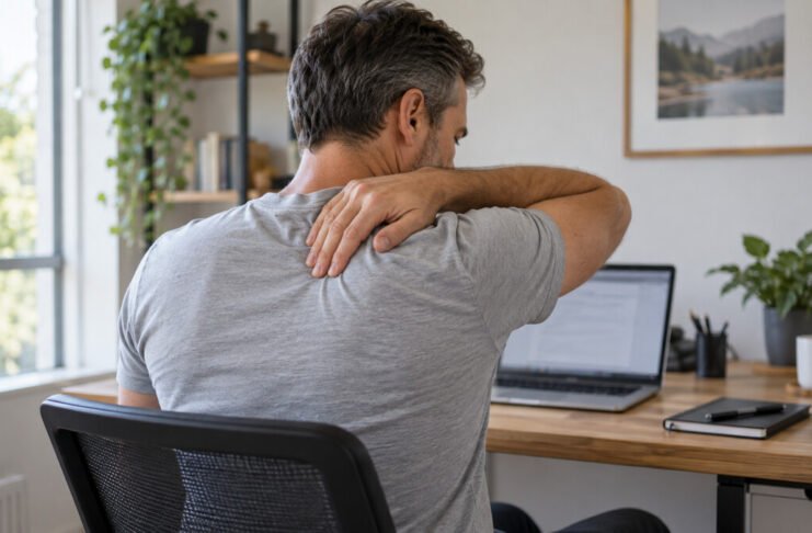 Homme faisant une pause au bureau, une main sur le haut du dos.