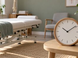 Une horloge dans une salle de soins illustre la question de la durée des séances.