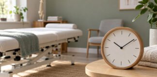 Une horloge dans une salle de soins illustre la question de la durée des séances.