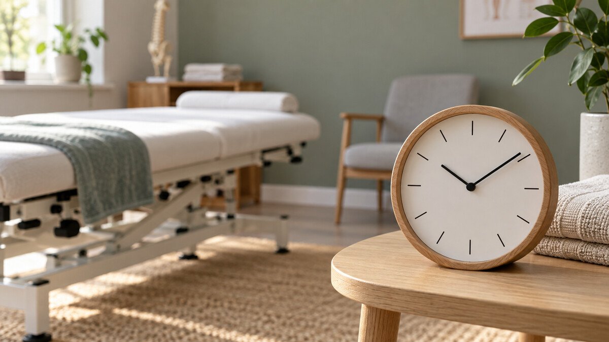 Une séance plus longue est-elle nécessairement une meilleure séance d’ostéopathie ? Une horloge dans une salle de soins illustre la question de la durée des séances.