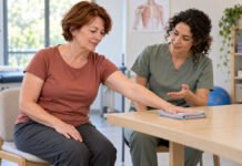 Exercice doux de mobilité de l’épaule sur une table lors d’une réadaptation après chirurgie mammaire.