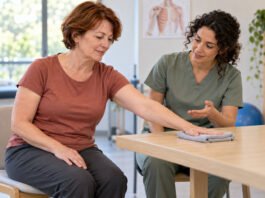 Exercice doux de mobilité de l’épaule sur une table lors d’une réadaptation après chirurgie mammaire.