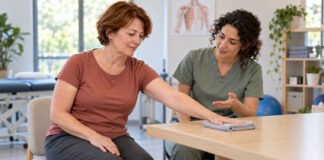 Exercice doux de mobilité de l’épaule sur une table lors d’une réadaptation après chirurgie mammaire.